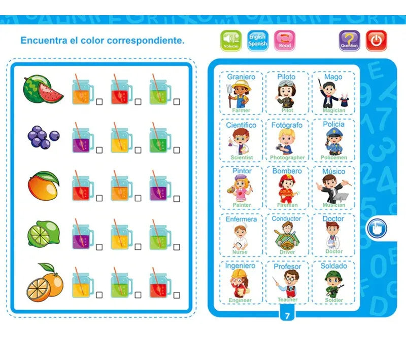 Libro de Estudio, libro electrónico educativo con sonidos. Aprende Inglés y Español Jugando + Marcador de Regalo